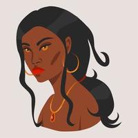 Portrait of a beautiful black girl. Young African American woman. Female avatar. Cartoon vector illustration