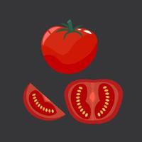 Tomatoes set, whole and sliced. Flat cartoon vector illustration.