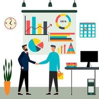 A meeting of two business partners. The conclusion of a transaction or contract in the office. Vector illustration.