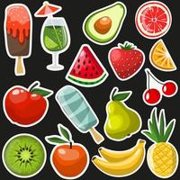 Stickers with summer food and drinks on black background. Colorful vector illustration with fruits, berries, ice cream, cocktails.