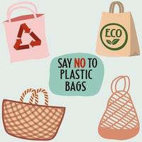 Say no to plastic bags. Environment plastic pollution problem concept. Vector illustration in flat cartoon style.