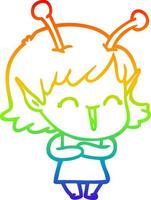 rainbow gradient line drawing cartoon happy alien girl vector