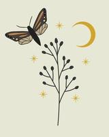 Vector hand drawn illustration of plant, butterfly, moon and stars. Boho mystical celestial clipart.