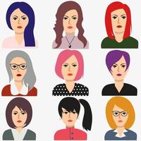 Set of woman avatars for web background design. Modern young people. Character design. User person. Flat vector illustration.