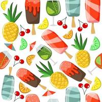 Seamless pattern with summer food and drinks - ice cream, cocktail, pineapple, lemon, orange, cherry. Vector colorful illustration for cafe menu, invitations, summer prints etc.