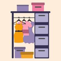 Women's closet with clothes. Clothes hang on hangers. Items packed in boxes. Cartoon vector Illustration.