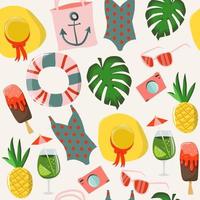 patrón impecable con elementos de verano: helado, gafas de sol, hojas tropicales, traje de baño, piña, cóctel, sombrero, bolso, chanclas, toalla. ilustración vectorial dibujada a mano de colores. vector