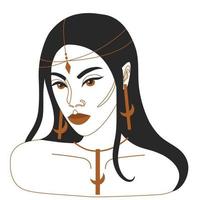 Portrait of a beautiful black african american woman. Mystical bohemian witch style. Concept for occultism, tarot, witchcraft. Flat vector Illustration.