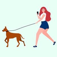 A beautiful young redhead happy girl is walking with a dog. Vector flat cartoon illustration.