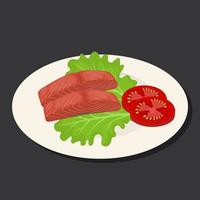 desayuno con filete de salmón, lechuga y tomate al estilo de las caricaturas. ilustración vectorial vector