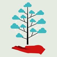 A hand holds a tree with clouds. Cloud technology, data storage service concept. Vector illustration.