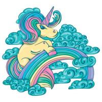 unicornio en las nubes en el arco iris. estado de ánimo divertido. ilustración de cuento de hadas. vector