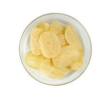 potato chips with transparent dish isolated on white background ,include clipping path photo