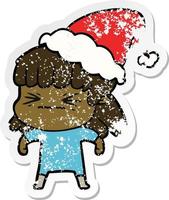 distressed sticker cartoon of a woman wearing santa hat vector