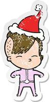 distressed sticker cartoon of a girl wearing futuristic clothes wearing santa hat vector