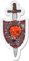 retro distressed sticker of a cartoon heraldic shield with skull vector