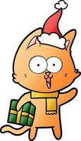 divertido dibujo animado degradado de un gato con gorro de Papá Noel vector