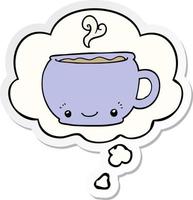 cartoon hot cup of coffee and thought bubble as a printed sticker vector