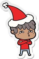 sticker cartoon of a curious man wearing santa hat vector