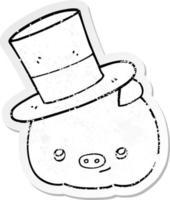 distressed sticker of a cartoon pig wearing top hat vector