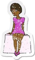 retro distressed sticker of a cartoon curious woman sitting vector