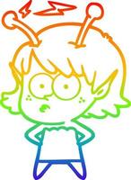 línea de gradiente de arco iris dibujo chica alienígena de dibujos animados vector