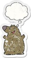 cartoon happy bear and thought bubble as a distressed worn sticker vector