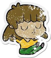 distressed sticker of a cartoon indifferent woman sitting vector