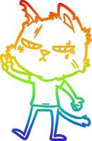 dibujo de línea de gradiente de arco iris gato de dibujos animados duro dando señal de victoria vector
