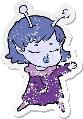 distressed sticker of a cute alien girl cartoon