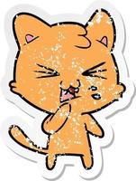 pegatina angustiada de un gato sibilante de dibujos animados vector