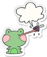 cute cartoon frog catching fly and tongue and speech bubble sticker vector