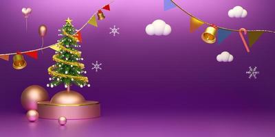 árbol de navidad y adornos en composición púrpura o violeta para sitios web o carteles o tarjetas de felicidad, pancarta de navidad y año nuevo festivo, ilustración 3d realista o presentación 3d foto