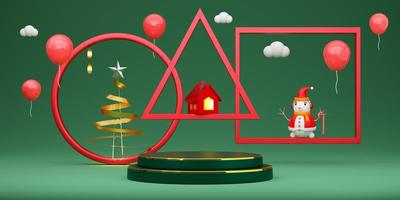 Podium and snowman with Christmas tree and geometric shapes in green composition for website or poster or Happiness cards,Christmas banner and festive New Year, realistic 3d illustration or 3d render photo