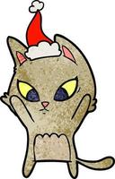 confused textured cartoon of a cat wearing santa hat vector