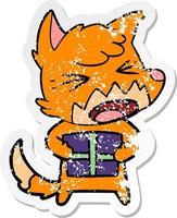 distressed sticker of a angry cartoon fox with christmas present vector