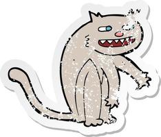 pegatina retro angustiada de un gato feliz de dibujos animados vector