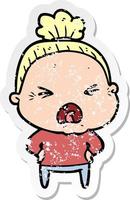 distressed sticker of a cartoon angry old woman vector