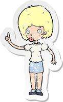 retro distressed sticker of a cartoon woman with idea vector