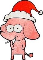 happy textured cartoon of a elephant wearing santa hat vector