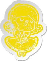 distressed old sticker of a cute singing kawaii girl vector