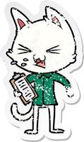 distressed sticker of a cartoon salesman cat hissing vector