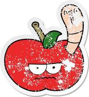 distressed sticker of a cartoon worm eating an angry apple vector