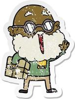 distressed sticker of a cartoon joyful man with beard and parcel under arm vector