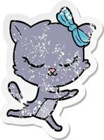 distressed sticker of a cute cartoon cat with bow vector