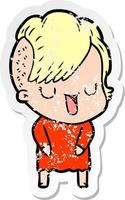 distressed sticker of a cute cartoon girl with hipster haircut vector