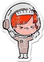 distressed sticker of a cartoon astronaut woman vector