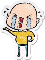 distressed sticker of a cartoon crying bald man vector