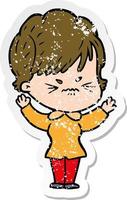 distressed sticker of a cartoon frustrated woman vector