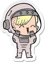 pegatina de una niña astronauta riendo de dibujos animados vector